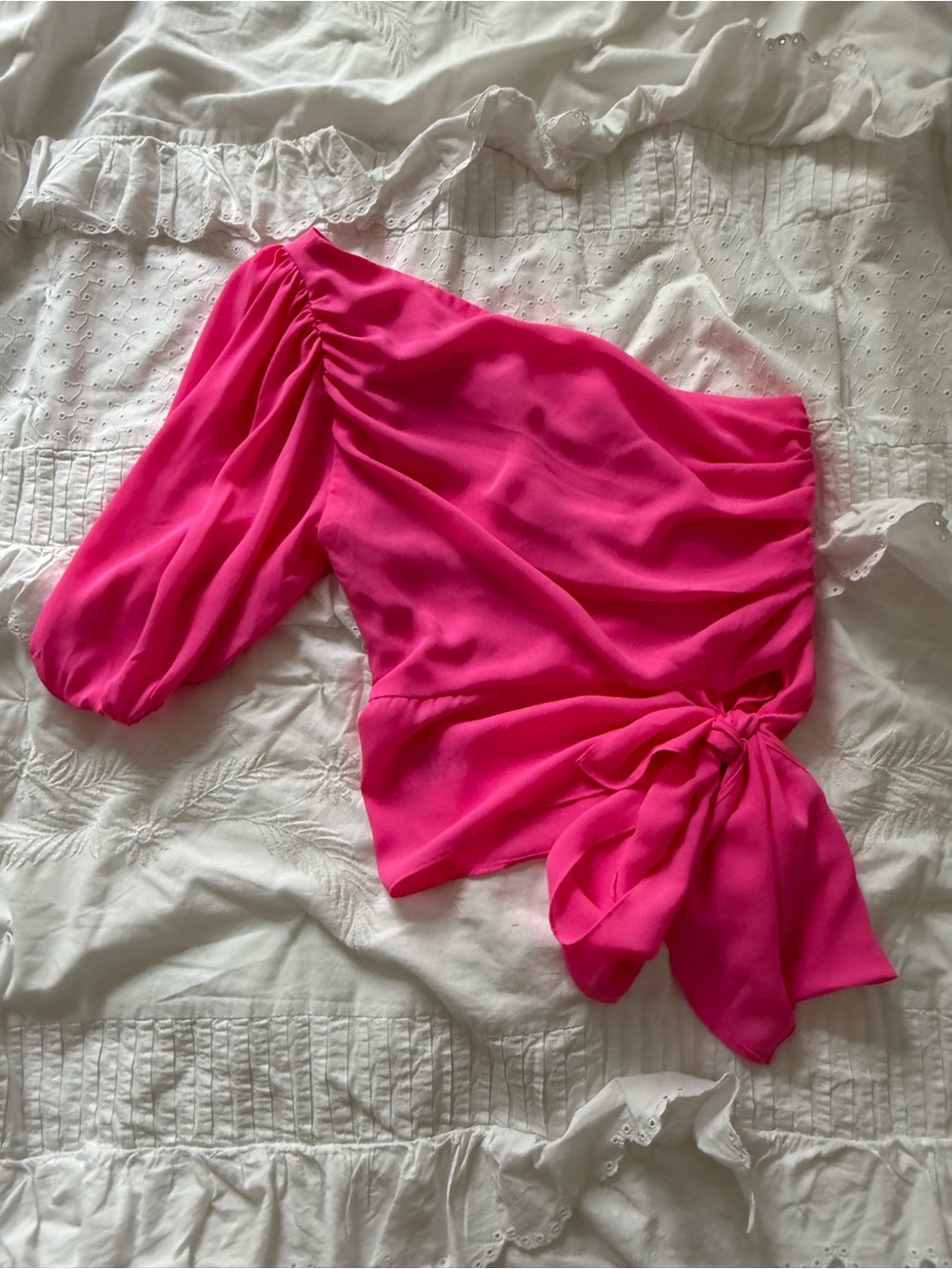 Olivaceous One-Shoulder Tie-Waist Blouse in Hot Pink